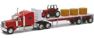 lot 20669 image: New-Ray Peterbilt 389 with Hay and Farm Tractor Playset 132 Scale Model Toy Vehicles, 10293A