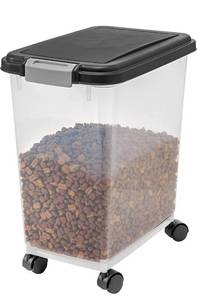 lot 20680 image: IRIS USA 25Lbs.33Qt. WeatherPro Airtight Pet Food Storage Container with Attachable Casters, For Dog Cat Bird and Other Pet Food Storage Bin, Keep Fresh, Translucent Body, Easy Mobility, Black