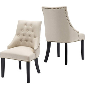 lot 30984 image: LSSBOUGHT Set of 2 Fabric Dining Chairs Leisure Padded Chairs with Black Solid Wooden Legs,Nailed Trim,Beige