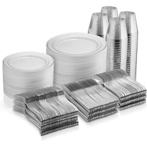 lot 30993 image: 600 Piece Silver Dinnerware Set -100 Silver Rim 10 inch Plastic Plates 100 Silver Rim 7 Inch Plates -300 Silver Plastic Silverware -100 Silver Plastic Cups -100 Guest Disposable Silver Dinnerware Set