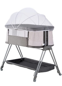 lot 30994 image: Baby Bassinet Bedside Sleeper, Mobile Portable Bedside Bassinet for Baby Travel, Easy Folding 7 Height Adjustable Bedside Crib with Mosquito Net and Carry Bag (Light Grey