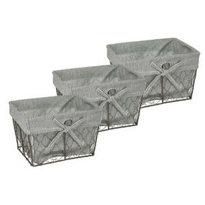 lot 40509 image: Design Imports Z01363 Small Rustic Bronze Chicken Wire Black & White Ticking Stripe Liner - Set of 3