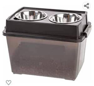 lot 40516 image: IRIS USA 47 Lbs  45 Qt Large Elevated Feeder with Airtight Pet Food Storage Container, Dry Food Bin with Removable Dog Bowls in Lid, At Home or Camping Pet Food Container, SmokeBlack