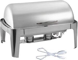 lot 40506 image: Tiger Chef Chafing Dish Buffet Set - Stainless Steel Chafer - Roll-Top Chaffing Dishes 8 Quart and Plastic Salad Tong - Chafer and Buffet Warmer Set