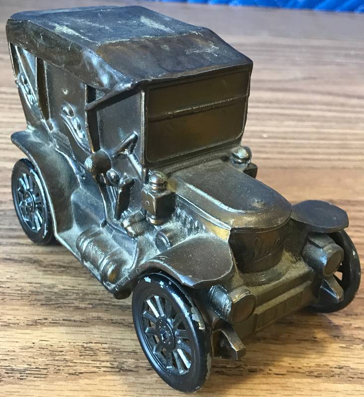 lot 3284 image: Vintage Metal Coin Bank Antique Car WITH KEY Stamped First National Bank Wichita KS Collectible Piece