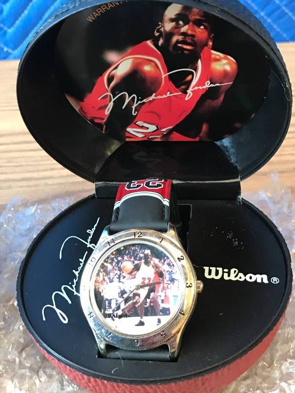 lot 3307 image: VINTAGE GEAR MICHAEL JORDAN #23 WILSON WRISTWATCH with Awesome Basketball Watch Case