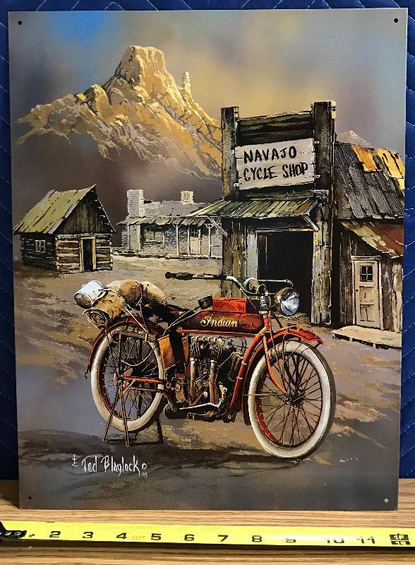 lot 3428 image: Nostalgic Metal Indian Motorcycle Sign Navajo Cycle Shop - By Ted Blaylock 99