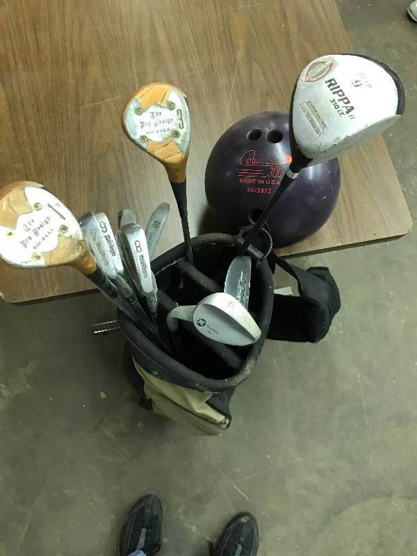 lot 3141 image: Old Golf Clubs in Bag with Bowling Ball