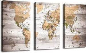 lot 75201 image: Canvas Wall Art World Map Poster Vintage Photos Painting Nautical Office Decor - 3 Panels Large Modern Framed Wall Art Map of The World Canvas Prints for Living Room Home Decor 16x 28inch x 3 Panel