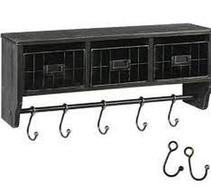 lot 75271 image: HBCY creations black washed rustic shelf with hooks and cubies