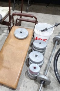 lot 27489 image: DP Weight  Crunch Bench  Plastic and Metal Weights Lot  Set