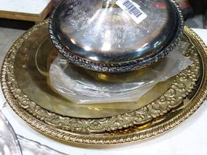 lot 27759 image: Brass Platters and Plated Dish