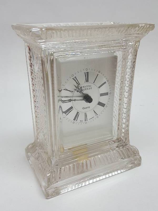 lot 7646 image: Real glass Crystal Legends Clock that most likely needs a battery.  Dimensions 5-12 x 4 x 3