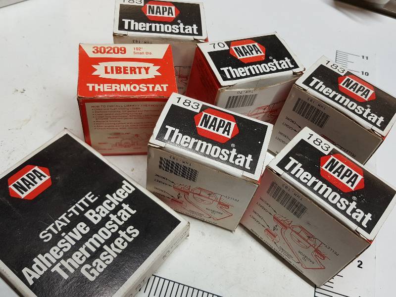 lot 7621 image: 6 new automotive cooling system thermostats and a box of gaskets