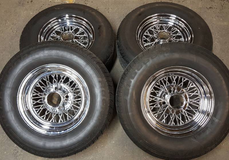 lot 7629 image: Beautiful set of Tru Spoke chrome wire wheels with BF Goodrich Radial TA tires