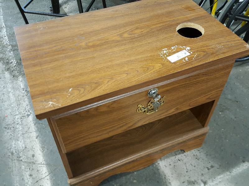 lot 7636 image: Bed side or end table with a hole in the top for your beer or drink cup 25 x 16 x 21 inches tall