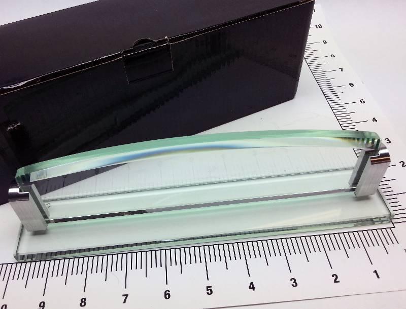 lot 8814 image: Beautiful new glass awards or name plate for the desk top made of real 38 thick glass curved and beveled on the vertical piece.