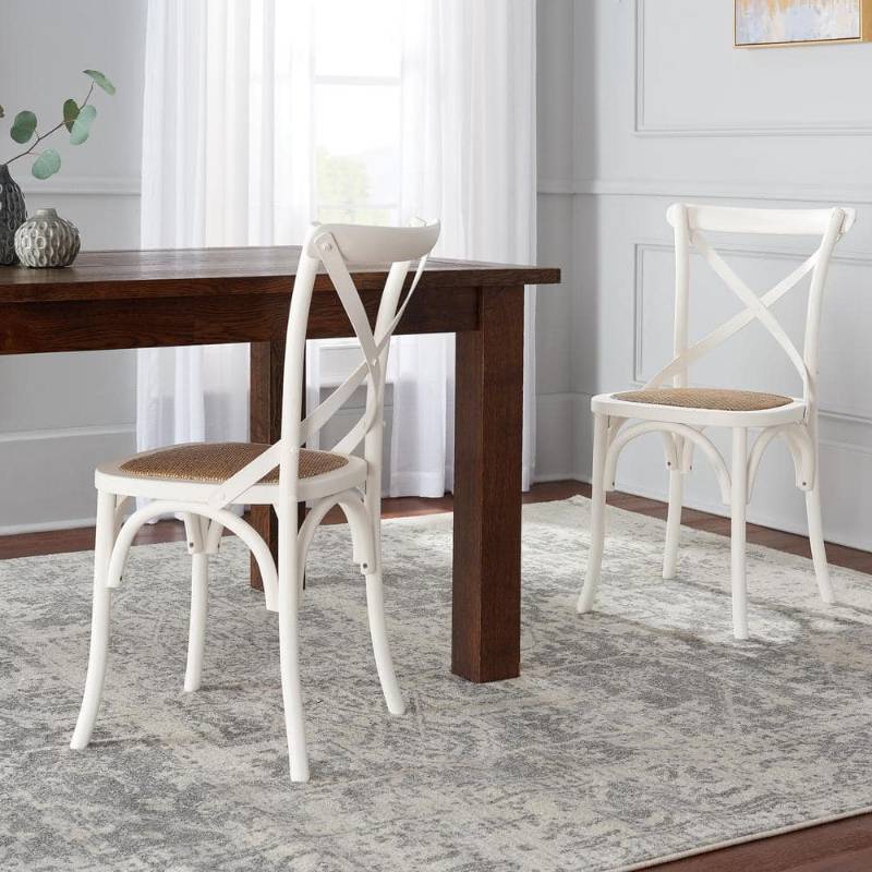 lot 7244 image: Home Decorators Collection Mavery Ivory Wood Dining Chair With Cross Back And Woven Seat&nbsp