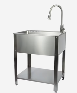 lot 1075 image: Presenza Freestanding 28 Inch Uitlity Sink With Pull-Down Faucet In Brushed Stainless Steel