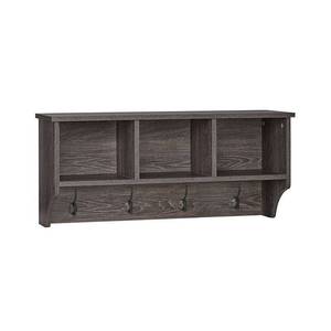 lot 1426 image: Riverridge Home Woodbury Collection Wall Shelf With 3 Cubbies And 4 Double Hooks In Dark Weathered Woodgrain