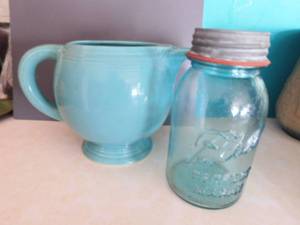 lot 6964 image: Vintage Blue Glass Ball Jar &  Blue Fiesta Pitcher