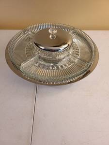 lot 1060 image: Vintage Lazy Susan 7 piece glass and chrome condiment tray