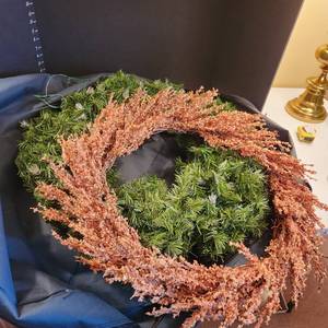 lot 1080 image: Large bright beaded fall wreath 24 dia, and green wreath with lights