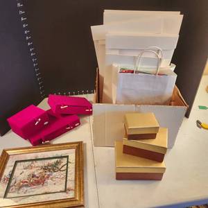 lot 1081 image: Framed print 10 x 12, gift boxes and tissue paper