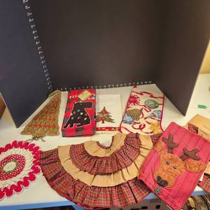 lot 1082 image: Tartan red mini tree skirts, hand towels, stocking and doilie