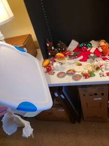 lot 1100 image: Three Shiny Brite ornaments, assorted ornaments includes Sterilite tote. Angel light repaired at neck.