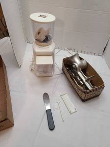 lot 1155 image: Vintage food and meat chopper, Just Nutty peanut butter maker and a Pampered Chef spatula