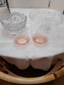 lot 1156 image: Two pink depression glass bowls, cake plate on pedestal, glass bowl