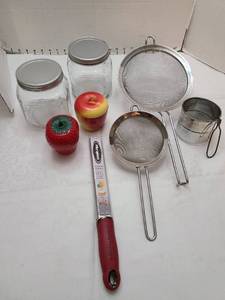 lot 1182 image: Glass jars, zester, sieves