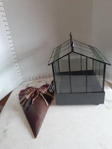 lot 3031 image: Small glass & metal greenhouse and decorative metal tin heart with plant labels
