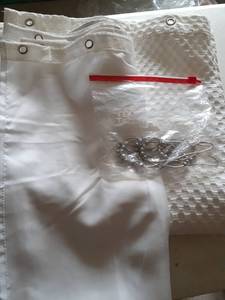 lot 3039 image: White cotton shower curtain, fabric liner and metal hooks