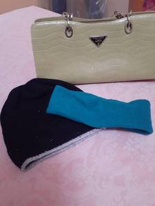 lot 3230 image: Pagoda green leather purse, knit hat and fleece ear wrap