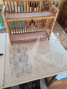 lot 3302 image: Three soaplotion holders, rattan wall or counter shelves 15x17x6.5, wire basket