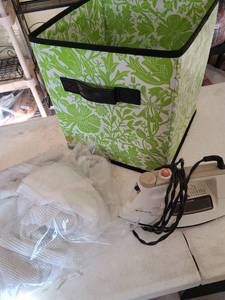 lot 3314 image: Collapsible cube with handles, Black and Decker iron, mesh laundry bags