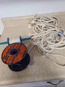 lot 4316 image: Rope and string, vintage metal spool Belfen wires and cords dated March 26, 1945