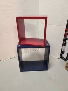 lot 6000 image: Wooden red and blue wall mount shadow boxes, blue is 10x10x5, red is 8x8x5