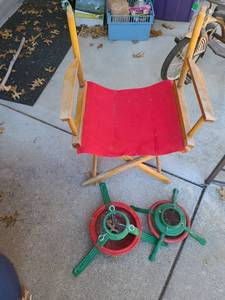 lot 6009 image: Directors chair missing the top canvas piece and 2 Christmas tree stands