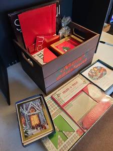 lot 1218 image: Wooden Merry Christmas crate with cards and more