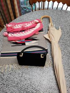 lot 2059 image: Small velvet hand bag, umbrella, knitted socks,small tapestry