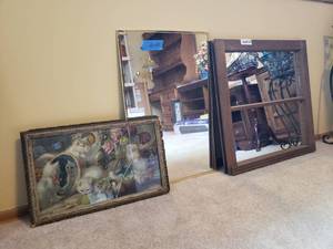 lot 3025 image: 1 gold framed mirror 16 x 24, 1vintage wood window frame mirror 23 x 24 plus a cat picture