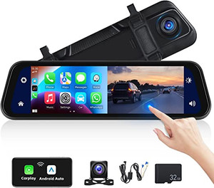 lot 6104 image: T86 rear view mirror touchscreen car stereo media player back up camera dash camera Bluetooth Apple CarPlay Android Auto voice control phone app
