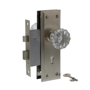 lot 6143 image: Ultra Security Entry Lock Mortise Lock with skeleton key and glass knobs satin nickel finish