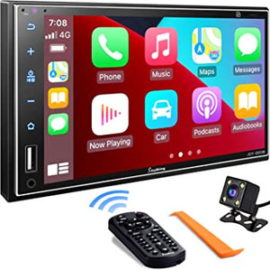 lot 6168 image: Sjoybring double Din car stereo media player receiver touchscreen Bluetooth Apple CarPlay Android Auto mirror link backup camera remote control 7 screen
