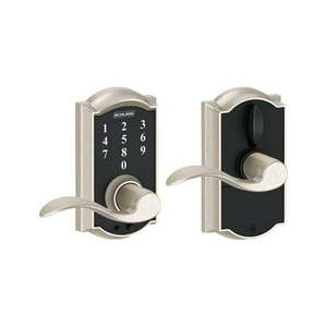 lot 3098 image: Schlage FE695VCAM619ACC Touch Camelot Lock with Accent Lever Satin Nickel