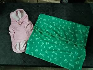lot 7915 image: Pink Dog Outfit L & Green Pet Blanket