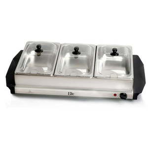 lot 1399 image: Elite Gourmet 7.5 Quart Triple Buffet Server Food Warmer Temperature Control Clear Slotted Lids